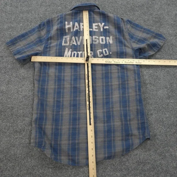 Harley Davidson Shirt Mens Medium Blue Plaid Graphic Motorcycle Biker Mechanic - Picture 8 of 10